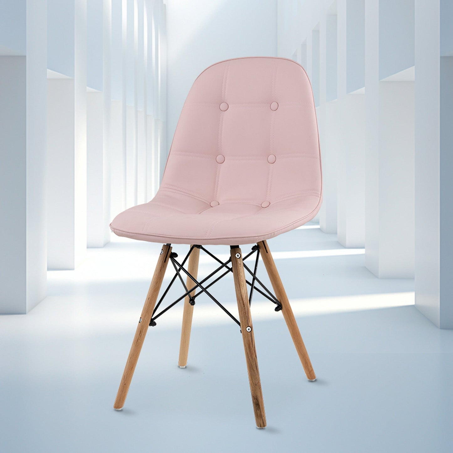 Frente completo de la silla shell con botones de color rosa.  Silla Moderna Eames con Botones Elegante y Vanguardista | Silla de Comedor, Oficina, Sala de Estar Estilo Minimalista | Varios Colores (Rosa)