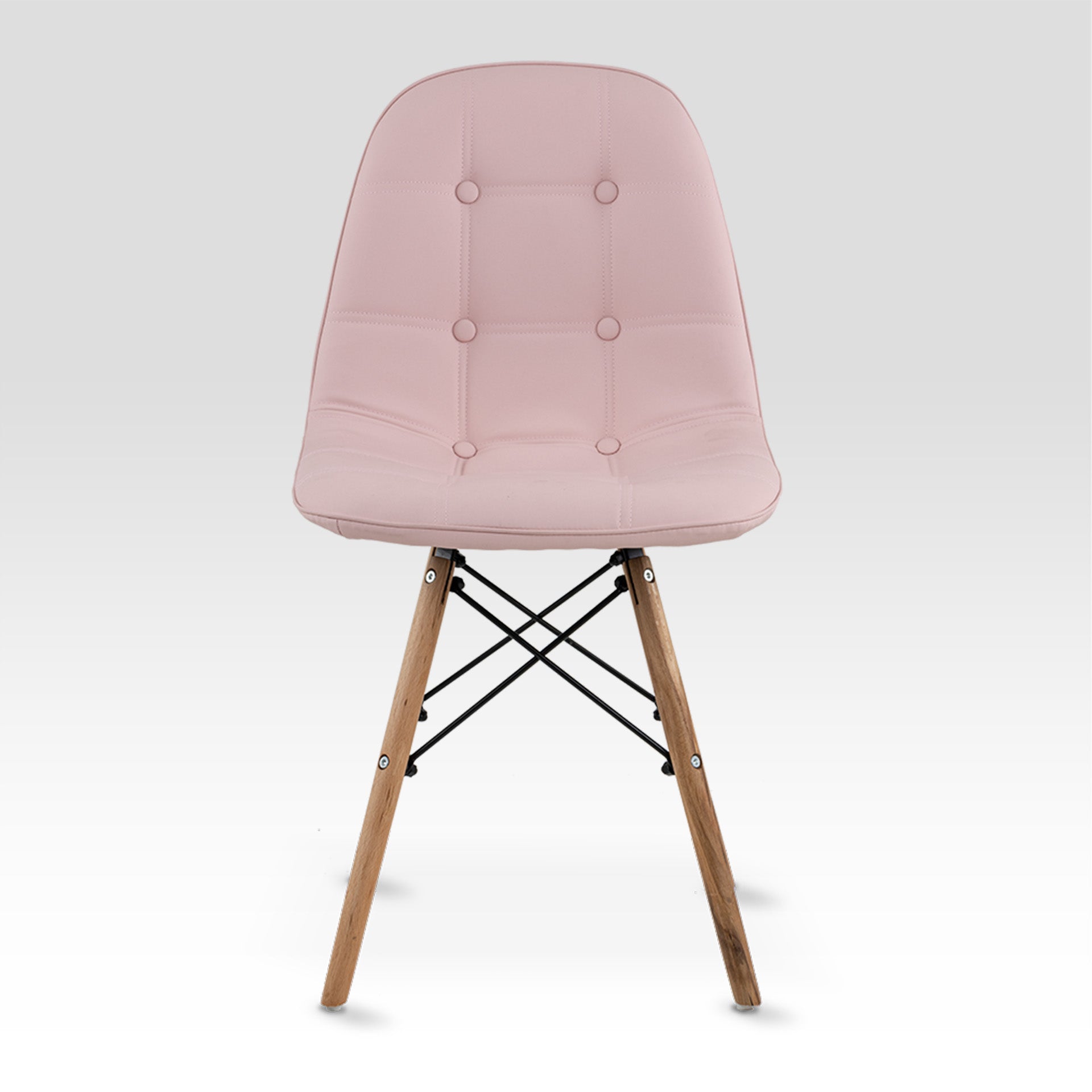 Frente completo de la silla shell con botones de color rosa. Silla Moderna Eames con Botones Elegante y Vanguardista | Silla de Comedor, Oficina, Sala de Estar Estilo Minimalista | Varios Colores (Rosa) 