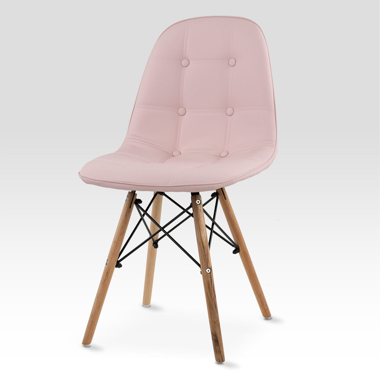 Visualización de un costado de la silla shell con botones de color rosa. Silla Moderna Eames con Botones Elegante y Vanguardista | Silla de Comedor, Oficina, Sala de Estar Estilo Minimalista | Varios Colores (Rosa) 